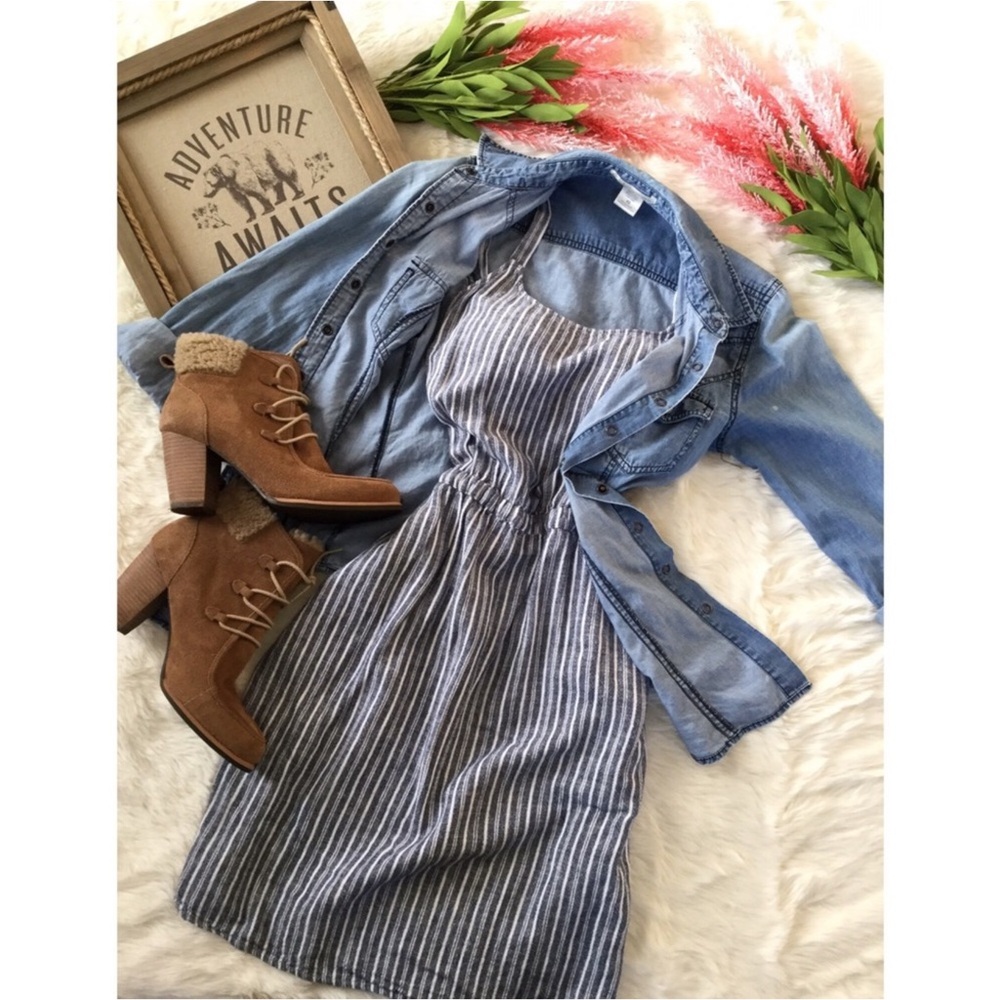 Old Navy Blue White Stripped Linen Sundress Sz S Western Coastal Classic Boho